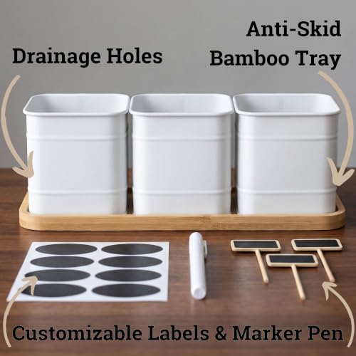 Herb Planter Indoor, 3-pc Herb Pots w/ Drainage Holes, Bamboo Tray & Labels | Iron Herb Pots, Varnished Bamboo Tray with Anti-Skid Base, Customizable Oval Sticker and Stick Labels & Chalkboard Marker Pen - color: White