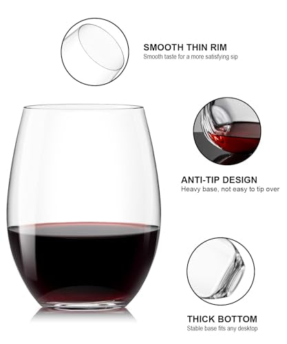 OJA Wine Glasses Set, Crystal Stemless Red Wine Glass, Set of 12, 15 oz | No Stem, Clear, Sturdy Drinking Glass for White Wine, Daily Use, Birthday, Wedding, Home Party, Anniversary, Shower Gift - style: Set of 12-15 oz