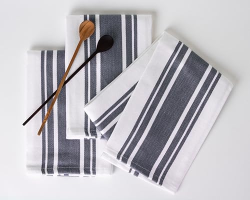 Kitchen Towels Set – Pack of 3 (20’’ x 30’’) Extra Large Premium Cotton Dish Towels for Kitchen – Super Striped Towels – Absorbent – 100% Cotton – with Hanging Loop – Dark Grey - color: Dark Grey Super Striped, size: Pack of 3
