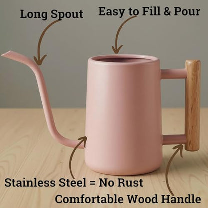 Metal Small Indoor Watering Can with Long Spout & Real Wood Handle, 35oz | Long Spout, Stainless Steel, Real Wood Handle, Gentle Flow, No Spills, Suitable for House Plants, Succulents & Seedlings - color: Pink