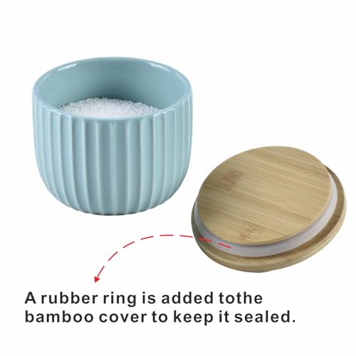 Salt Cellar Keeper with Bamboo Lid, 14oz Big Capacity Ceramic Sugar Bowls Pepper Box, Crackle Glaze Seasoning Container Condiment Pot for Kitchen (Cyan Color) - color: Cyan