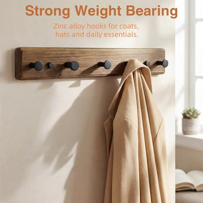 POZEAN Wooden Coat Rack Wall Mount, 2 Pack Wall Mounted Coat Hangers with 5 Smooth Round Hooks, Space Saving Organizer for Entryway,Bathroom, Clothes, Jackets, Hats, Keys(‎Brown Plate & Black Hooks)
