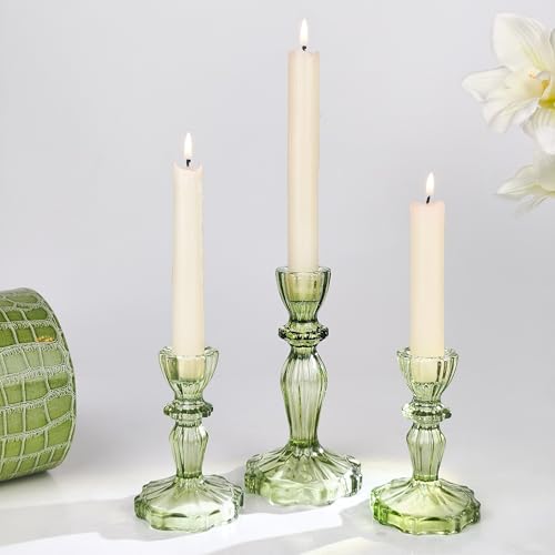 Glass Candlestick Holders Set of 3, Green Stripe Taper Candle Holders for Table Centerpiece, Home Decorations, Wedding and Party - color: Green
