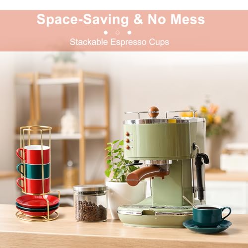 3 Ounce Espresso Cups Set of 4, Stackable Demitasse Mugs, Includes Display Stand, Cups Saucers & Spoons, for Machines & Home Use, Red Green Gold Tone - color: Red&Green