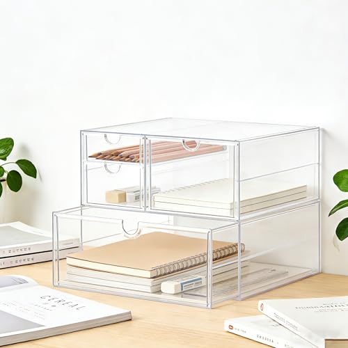 Prsildan Acrylic Drawer Makeup Organizer with 4 Drawers, Set of 2 | Clear, Baby Bottle Storage, For Vanity Countertop Bathroom Cosmetic Office Desk, Craft Jewelry Art Supply Organization - size: 4 Drawers