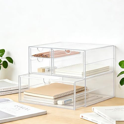Prsildan Acrylic Drawer Makeup Organizer with 4 Drawers, Set of 2 | Clear, Baby Bottle Storage, For Vanity Countertop Bathroom Cosmetic Office Desk, Craft Jewelry Art Supply Organization - size: 4 Drawers
