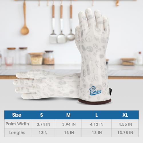Heat Resistant Gloves Oven Hot Mitts with Fingers Silicone Oven Glove for Cooking Baking Grilling BBQ Cute Print White Large - size: Large