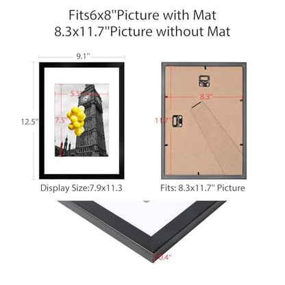 A4 Picture Frame Set of 6, Display Pictures 6x8 with Mat or 8.3x11.7 Without Mat, Document 8.3 x 11.7 Frame, Poster Frames, Black - color: Black, size: 8.3x11.7
