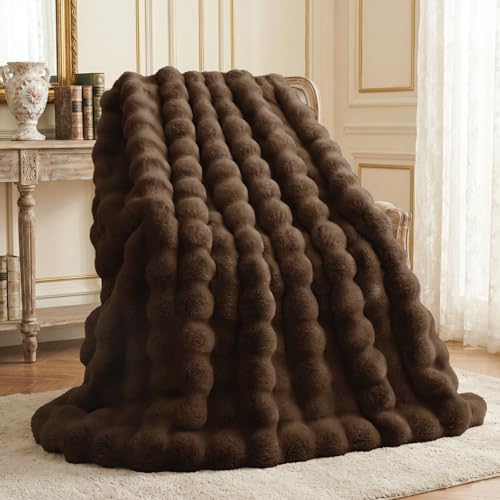 L'AGRATY Faux Rabbit Fur Throw Blanket for Couch, 50'' x 60'', Cocoa Brown | Soft Cozy Bubble Fluffy Blanket for Sofa Bed, Thick Warm Plush Fuzzy Throw for Room Home Decor, Luxury Gift for Women Mom - color: Cocoa Brown, size: 50" x 60"