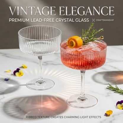 Ciaell 4 Piece Coupe Glasses for Bars Parties | 10 oz Ribbed Vintage Cocktail Glasses, Martini Wine Espresso Service, Gift and Drink Service