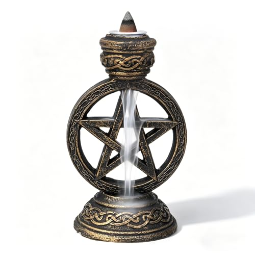 Pentagram Backflow Incense Burner – Wiccan Witchy Incense Cone Holder and Candle Holder, Gothic Altar Decor for Witchcraft Wicca Gifts, Pagan Ritual Supplies, Wiccan Witch Gift, 4.75 Inch High - color: Multi-color Pentagram