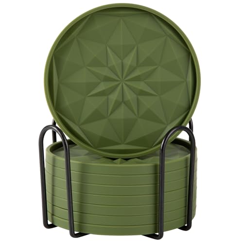 OIAHOMY 8 Pcs Coasters with Holder for Beer, Coffee, Silicone Coaster Set for Table Decor for Kitchen, Bar, Dining Room, Living Room, Housewarming Gifts - Green - color: Green