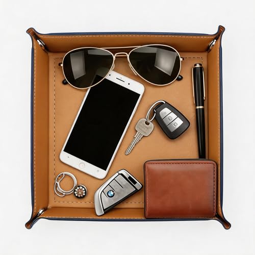 Valet Tray Desktop Storage Organizer, Vegan Leather Catchall Tray Bedside Vanity Tray Nightstand Caddy Holder for Remote Controller, Watch, Keys, Phone, Wallet, Sunglasses, Jewelry, Khaki - color: Khaki