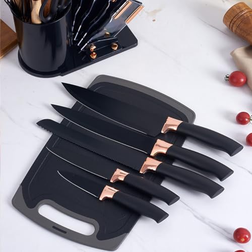19 Pieces Kitchen Cooking Utensils and Knife Set with Holder Block, Include 11 Pcs Silicone Cooking Utensils 5 Pcs Sharp Stainless Steel Knives Scissors Whisk Tongs and Cutting Board (BLACK) - color: Black
