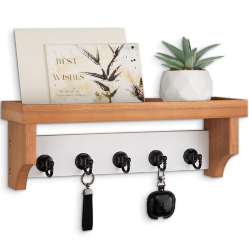 Key and Mail Holder Wall Mount, Key Holder with Shelf and Mail Organizer Wall Mount. Mail Holder with 5 Hooks for Coat, Dog Leash, Home Decor Rack, Entry Way Organizer (White & Wood) - color: White & Wood
