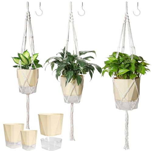 MIPON 3 Size Self Watering Hanging Planters with Macrame Plant Hanger | 2-in-1 Desktop & Hanging Baskets, With Drainage, Indoor Outdoor Plants, Boho Home Decor