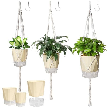 MIPON 3 Size Self Watering Hanging Planters with Macrame Plant Hanger | 2-in-1 Desktop & Hanging Baskets, With Drainage, Indoor Outdoor Plants, Boho Home Decor