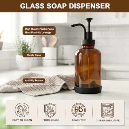 Kitchen Soap Dispenser, 16.9 oz/500 ml Amber Soap Dispenser, Hand and Dish Soap Dispenser Set, Dish Brush, Refillable, for Daily Kitchen Cleaning