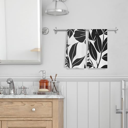 Boho Black and White Kitchen & Bath Towels Set, 2 x 16x24 Inch Floral Dish & Hand Towels - color: 24- Abstract Towels