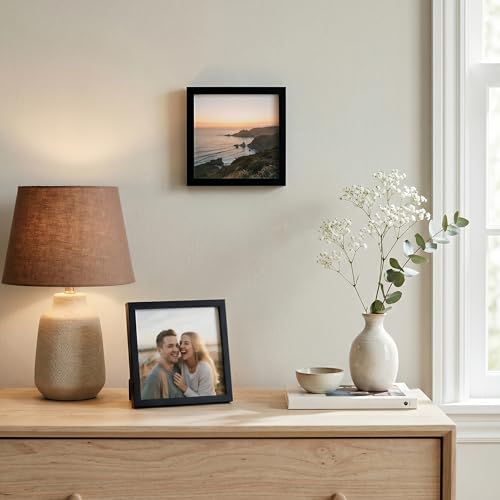 Americanflat 5x5 Picture Frame - Slim Molding - Black | Shatter-resistant glass, wall or tabletop display with included easel, triangle hangers included, secure turn-tab backing - color: Black, size: 5x5
