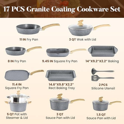 Kitchen Academy Granite Pots and Pans Set Non Stick, Induction Cookware | 17-Piece Gray Cooking Pans and Pots Set, PFOA & PFOS Free. - color: Gray, size: 17 PCS Cookware Set