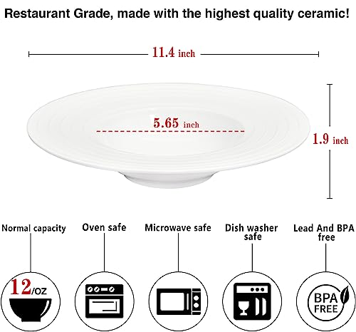Ceramic Wide Rimmed Soup Plate, Soup Bowl 12 oz, Pasta Bowl Set of 4, White Shallow Bowl Plate with Rim, Best choice for high-end restaurants, hotels, and foodies,11.4 Inch Coil relief - color: White Coil texture relief, size: 11.4 Inch