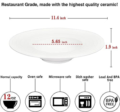Ceramic Wide Rimmed Soup Plate, Soup Bowl 12 oz, Pasta Bowl Set of 4, White Shallow Bowl Plate with Rim, Best choice for high-end restaurants, hotels, and foodies,11.4 Inch Coil relief - color: White Coil texture relief, size: 11.4 Inch