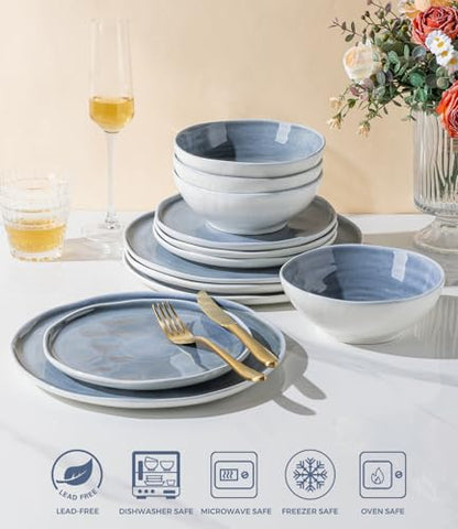 LERATIO Ceramic Dinnerware Sets for 4,12-Piece Plates and Bowls Set | Handmade Wavy Edge porecelian Dish Set,Oven & Microwave,Dishwasher Safe,Scratch Resistant- - size: Service for 4
