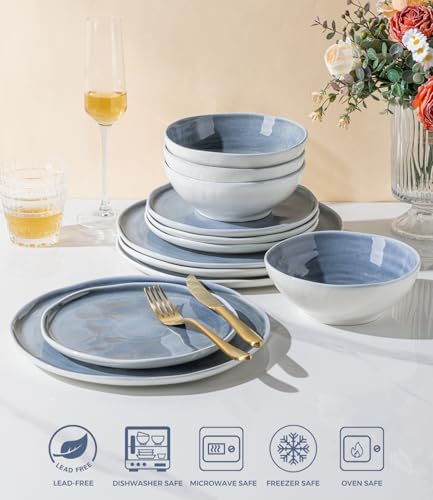 LERATIO Ceramic Dinnerware Sets for 6,18-Piece Plates and Bowls Set | Handmade Wavy Edge porecelian Dish Set,Oven & Microwave,Dishwasher Safe,Scratch Resistant-Blue - size: Service for 6