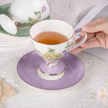 KAMMAK Ceramic Coffee Cups Saucers Set of 2, Porcelain Espresso Cups with Saucers, 8.12 oz Handcrafted Elegant Bone China Tea Cups, Purple Purple & Mint Green Flower Teacup for Party, Office, Gift - color: Green Jade + Purple Blossom
