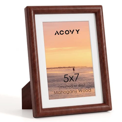 Acovy 5x7 Picture Frame, Natural Solid Mahogany Wood | Handcrafted Wooden Frame, Matted to 4x6, High Definition Tempered Glass, Wall Hook Included - color: Mahogany, size: 5"x7"