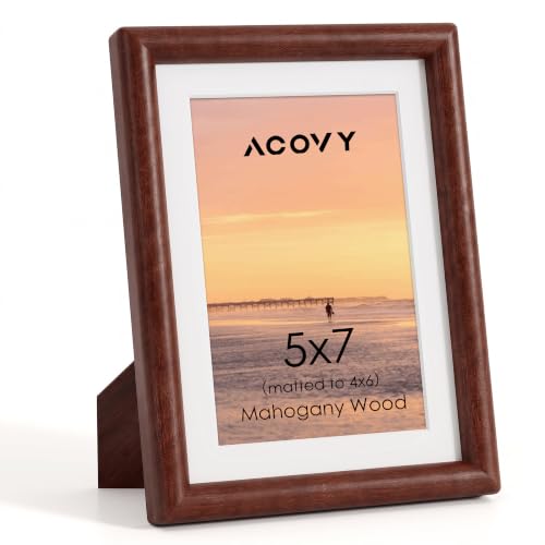 Acovy 5x7 Picture Frame, Natural Solid Mahogany Wood | Handcrafted Wooden Frame, Matted to 4x6, High Definition Tempered Glass, Wall Hook Included - color: Mahogany, size: 5"x7"