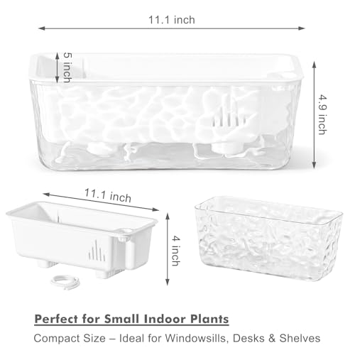 Self Watering Pots for Indoor Plants, 2 Packs Window Boxes Planters Rectangle Self Watering Planter 11 in Rectangular Clear Plant Pots Long Herb Windowsill Planter Flower Box Succulent Planters