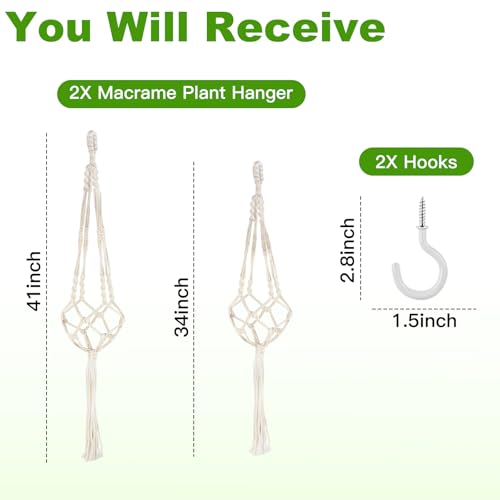 Oligei 2 Pack Macrame Plant Hanger, 34"/41" Hanging Planters for Indoor Plants, Strong Hanging Planter Holder with 2 Hooks (Pots Not Included)