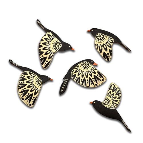 Vumyhuby 5-Piece Black Wooden Bird Wall Art, Rustic Folk Flying Bird Decor - color: Black