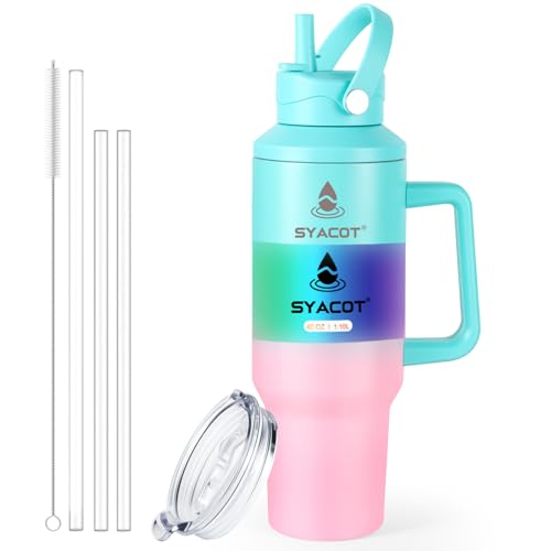 40 oz Tumbler with Handle and Straw or Convert to 40 oz Insulated Water Bottle Fits in Cup Holder. Stainless Steel Metal Water Flask with 2 Lids for Travel,Camping,Gym Sports Coffee Mug Thermal Cup - color: Mint Pink Gradient