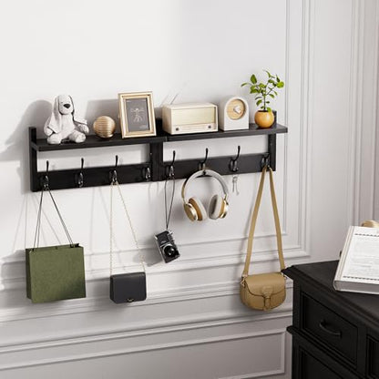 STELLSTAR Coat Rack with Shelf, 2 Pack Bamboo Wall-Mounted Coat Hanger with 8 Hooks for Entryway, Hallway, Kitchen, Bathroom, Living Room, Utility Room (Black) - color: Black