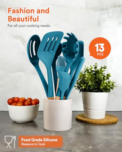 Kitchen Utensils Set, 13PCS Silicone Cooking Utensils, Heat Resistant Kitchen Utensil Spatula Set for Nonstick Cookware, Wooden Handles Kitchen Gadgets Tools Set (BLUE) - color: Blue