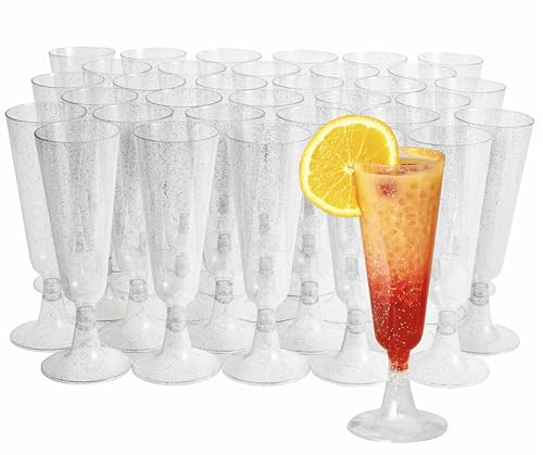 MATANA 50 Plastic Champagne Flutes 5oz with Silver Glitter - Sturdy & Reusable - Cocktails, Prosecco, Mimosa - Toasting Glasses for Birthdays, Weddings, Christmas, BBQ & Parties - color: Silver Glitter, size: 50 Pack