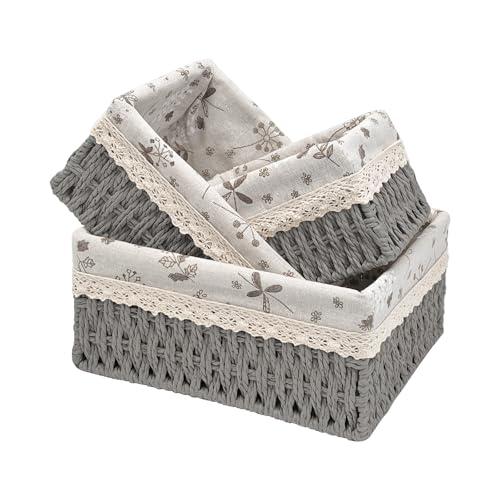 Wicker Storage Baskets Set of 3, Handwoven Paper Rope Organizer Bins with Removable Floral Liner, Small Medium Large for Bathroom, Pantry, Shelf, Countertop, Closet (Gray, L+M+S) - color: Gray, size: L+M+S