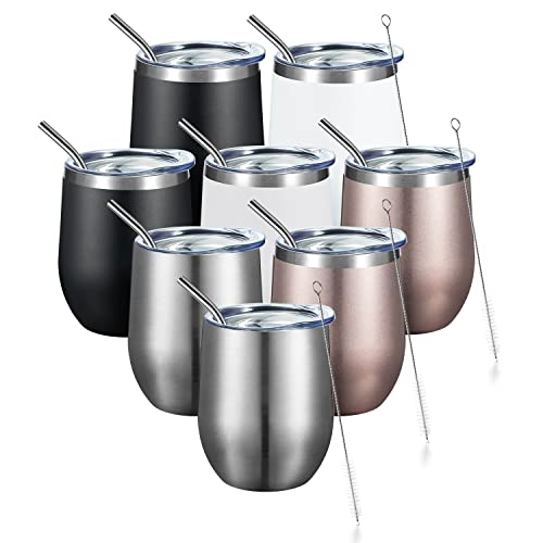 COMOOO Stainless Steel Wine Tumbler with Lid and Straw 12oz Double Wall Vacuum Insulated Travel Tumbler Cup for Coffee, Wine, Cocktails, Champagne (Black White Silver and Rose Gold,8 Pack) - color: Black-White-Silver-Rose Gold