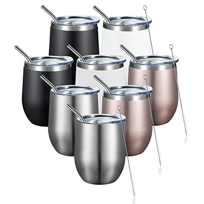 COMOOO Stainless Steel Wine Tumbler with Lid and Straw 12oz Double Wall Vacuum Insulated Travel Tumbler Cup for Coffee, Wine, Cocktails, Champagne (Black White Silver and Rose Gold,8 Pack) - color: Black-White-Silver-Rose Gold