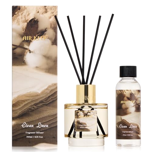 Reed Diffuser Set with Refill & 8 Reed Sticks, 6.96 fl oz Clean Linen Home Fragrance, Long Lasting Aromatherapy Diffuser for Bedroom, Bathroom & Living Room