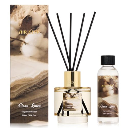 Reed Diffuser Set with Refill & 8 Reed Sticks, 6.96 fl oz Clean Linen Home Fragrance, Long Lasting Aromatherapy Diffuser for Bedroom, Bathroom & Living Room