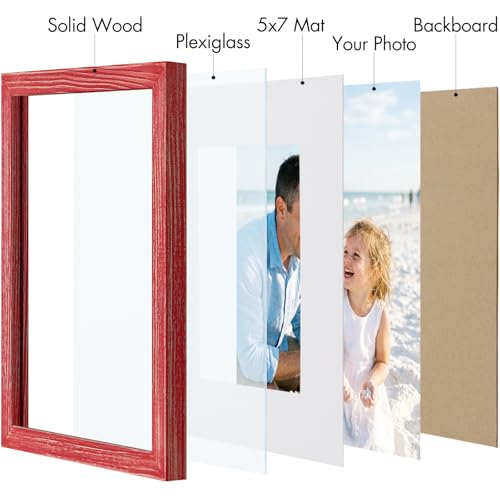 Vittanly Solid Wood 8x10 Picture Frames Set of 4, Distressed Red | 5x7 Picture Frame with Mat, Gallery Wall Frame Set, 8 x 10 Frame for Wall & Tabletop Display, Family, Pet, Christmas - color: Distressed Red, size: 8x10