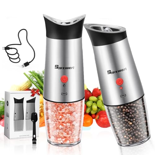Electric Salt and Pepper Grinder Set: For Gravity Automatic Salt and Pepper Grinder Set with Light Adjustable Coarseness Sea Spice Shakers Stainless Steel Rechargeable Spice Peppercorn Mill - color: Silver