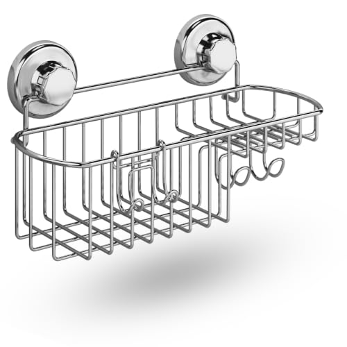 HASKO Suction Cup Shower Caddy Basket for Shampoo, Shower Suction Shelf Organizer, Basket with Soap Holder and Hooks, Stainless Steel Shampoo Holder for Bathroom Storage, Chrome - color: Chrome