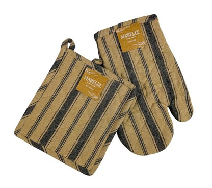 Decorative Kitchen Pot Holders Black Beige Ginham Striped 2 pc Set: (1) Oven Mitt and One (1) Pot Holder