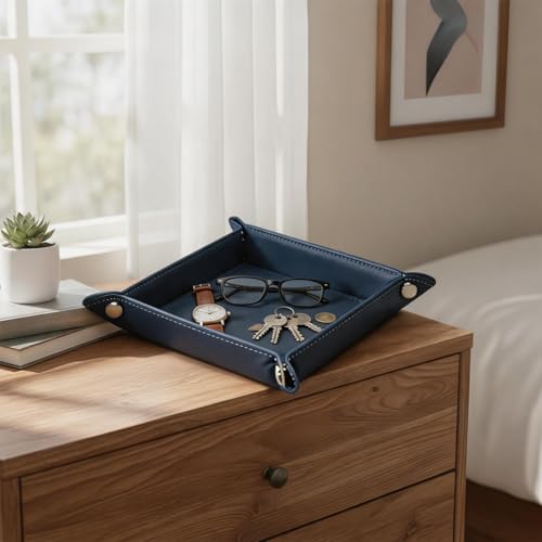 Valet Tray Desktop Storage Organizer – Vegan Leather Catchall Tray Bedside Vanity Tray Nightstand Caddy Holder for Remote Controller, Watch, Keys, Phone, Wallet, Coin, Jewelry, Navy - color: Navy Blue
