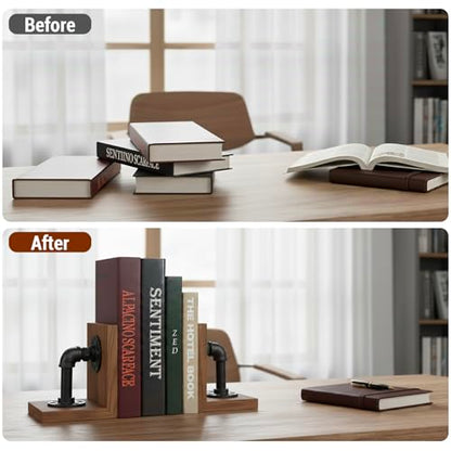 MyGift Rustic Wood Decorative Bookends with Industrial Pipe Design | Realistic Pipe Detail, Stable Support, Rustic Styling, Home Office Accent, Father’s Day Gift, Unique Shelf Display